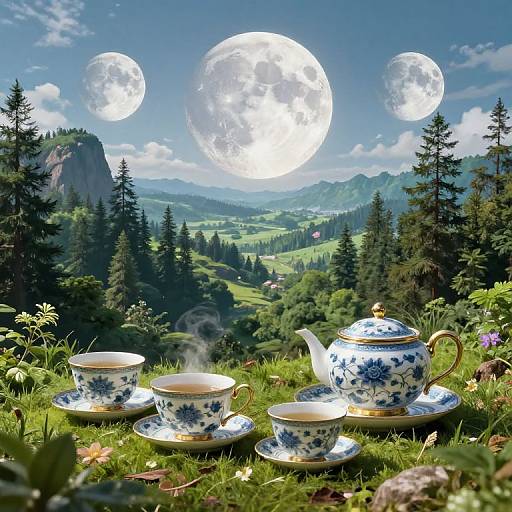 Photograph of a tea set with blue floral patterns on a grassy hill, steam rising, under a surreal sky with three large, bright full moons