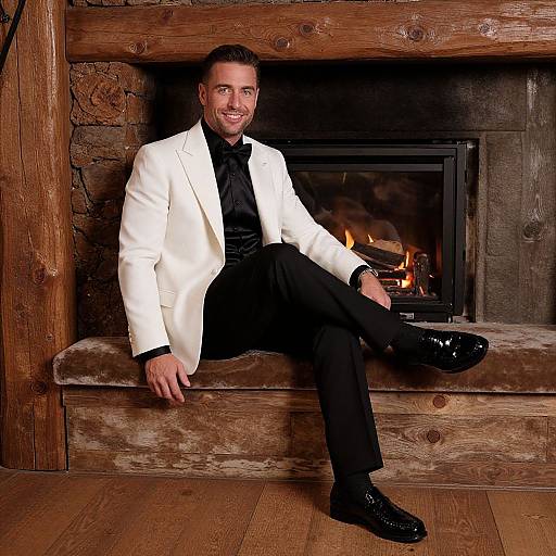Photograph of a smiling man with short dark hair, wearing a white blazer, black shirt, and black pants, seated on a wooden bench in