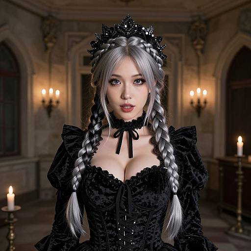 Digital gothic artwork of a silver-haired woman with braids, black lace corset, and crown, set in a dimly lit, candlelit