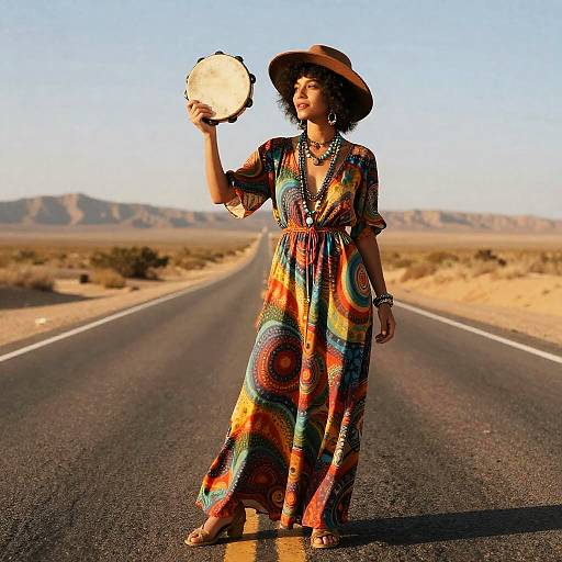 70s Style Woman with Tambourine on Desert Highway
