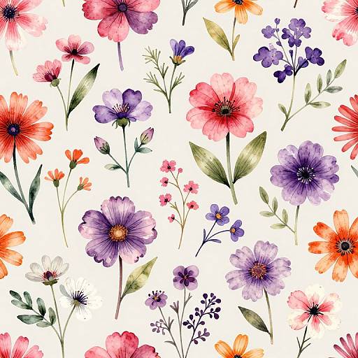 Vibrant watercolor floral pattern featuring red, pink, purple, orange, and blue flowers with green leaves on a white background.