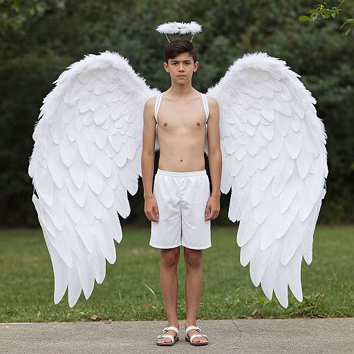 Photograph of a young, shirtless boy with white angel wings, halo, white shorts, and sandals, standing outdoors on a grassy path.