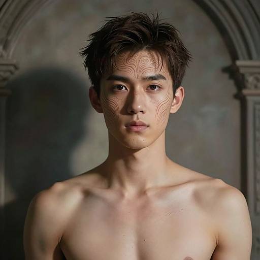 Photograph of a young, shirtless Asian man with short, spiky black hair and intricate, swirling facial tattoos, set against a dark, ar