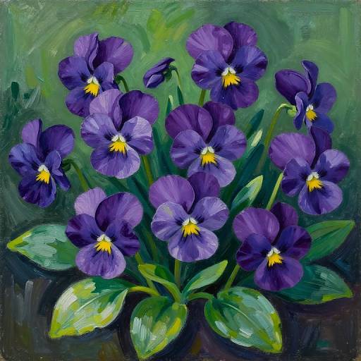 Vibrant oil painting of a bouquet of purple pansies with yellow centers, surrounded by lush green leaves, set against a dark green background.
