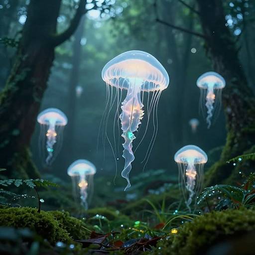Photograph of a mystical forest with glowing, translucent jellyfish-like creatures floating among moss-covered trees, illuminated by ethereal blue light.