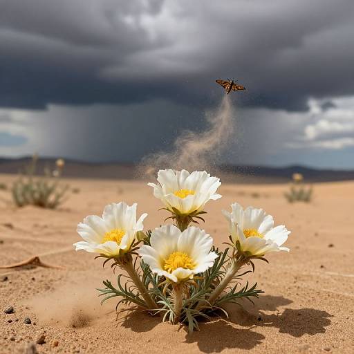Photograph of white daisies with yellow centers in a sandy desert, a butterfly hovering above, dark storm clouds in the background.