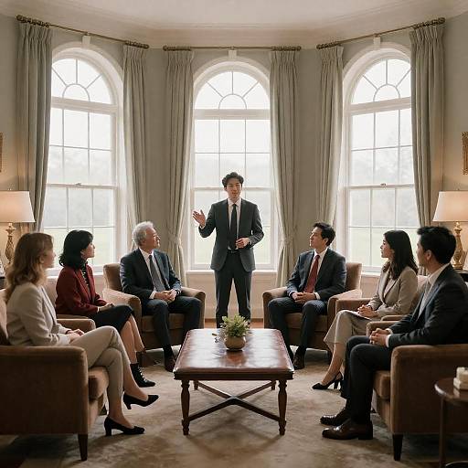 Sunlit Living Room Group Discussion