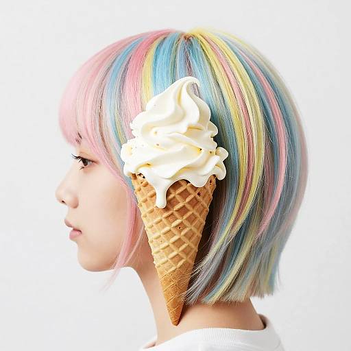 Photograph of a young person with pastel rainbow hair, wearing an ice cream cone with white whipped cream as a hair accessory. White background. Side