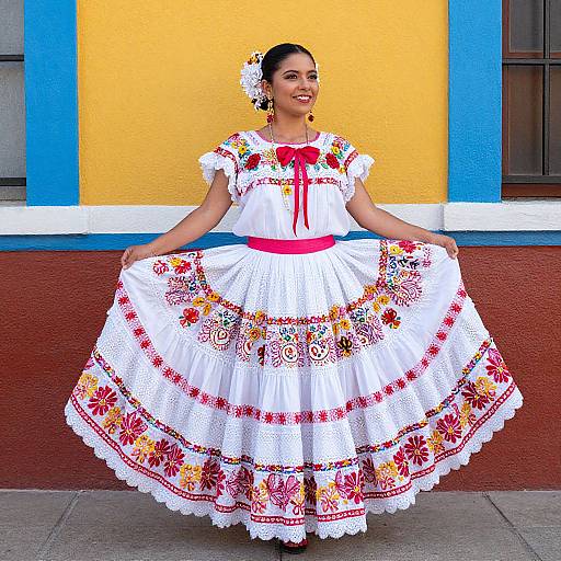 Photograph of a smiling Latina woman in a white, floral-embroidered traditional Mexican dress with red ribbon and flower hairpiece, standing in front