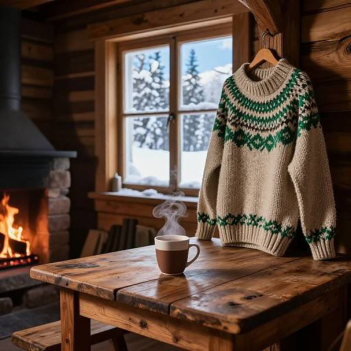 Cozy log cabin scene: Green and white patterned sweater on wooden hanger, steaming mug on rustic table, lit fireplace, snowy window view