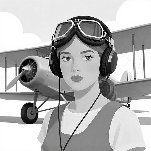 Black-and-white digital drawing of a woman with aviator goggles, headphones, and a vintage plane in the background. She has a serene expression and wears