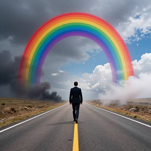 Photograph of a man in a black suit walking down a deserted road with a vibrant rainbow arching over a cloudy sky.