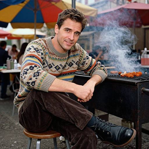 Man in Vintage Sweater Enjoying Market