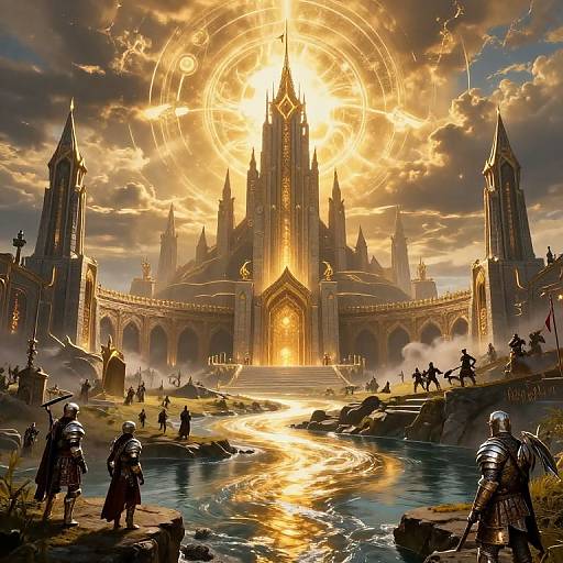 Epic fantasy artwork: Golden sunlit cathedral with glowing halo, surrounded by armored warriors, a river, and misty landscape, under dramatic clouds.