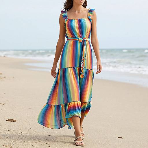 Photograph of a woman in a colorful, sleeveless, striped dress with ruffles and a floral belt, walking on a sandy beach with ocean waves