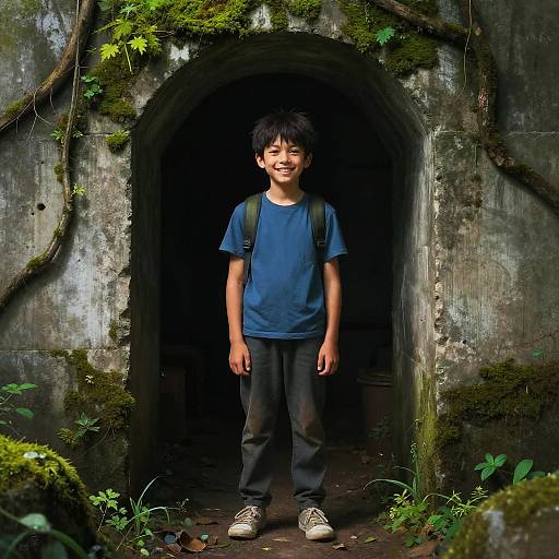 Smiling Boy Standing in Mossy Concrete Cave