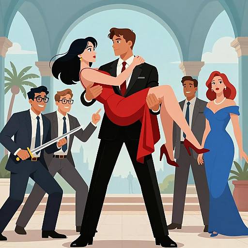 Dramatic Romantic Scene with Suit-clad Couple and Onlookers