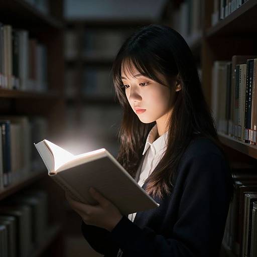 Photograph of an Asian woman with long black hair, wearing a black blazer and white shirt, reading a book illuminated by a bright light in a