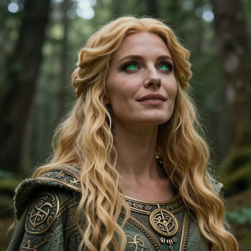 Photograph of a blonde woman with wavy hair, glowing green eyes, wearing an ornate, medieval-style green dress with golden runes, in a