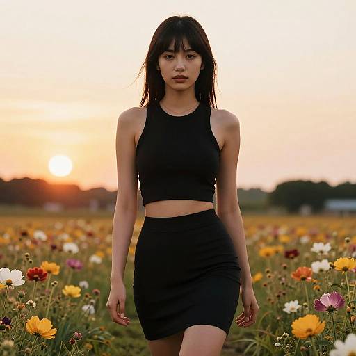 Photograph of an Asian woman with straight black hair, wearing a black crop top and skirt, standing in a colorful flower field during sunset.