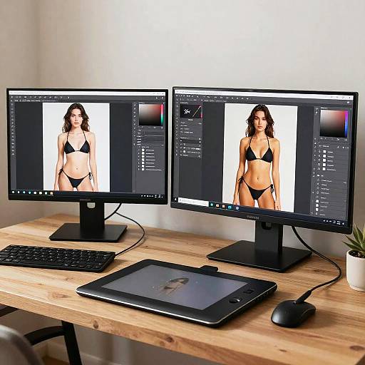 Photograph of a wooden desk with dual monitors displaying a brunette woman in a black bikini, keyboard, tablet, mouse, and potted plant.