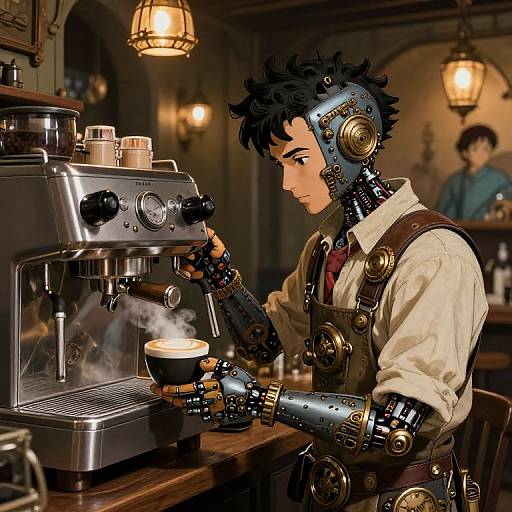 Steampunk Robot Barista in Medieval Cafe