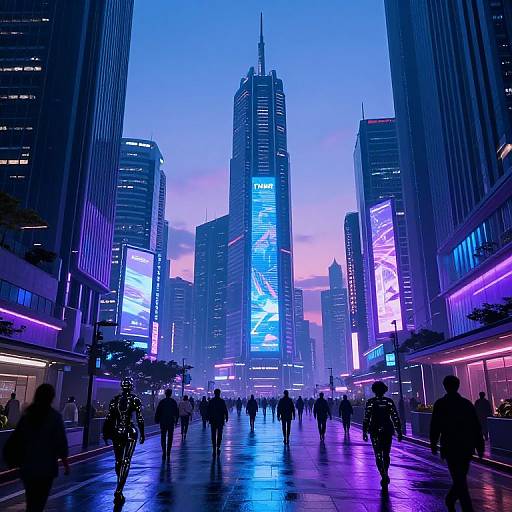 Photograph of a neon-lit, futuristic cityscape at dusk, featuring silhouetted pedestrians, towering skyscrapers with vibrant blue and purple