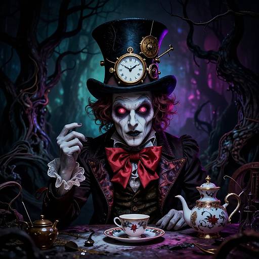 Digital art of eerie white-faced, red-eyed figure in top hat with clock, red bowtie, and gothic forest background, sipping tea.