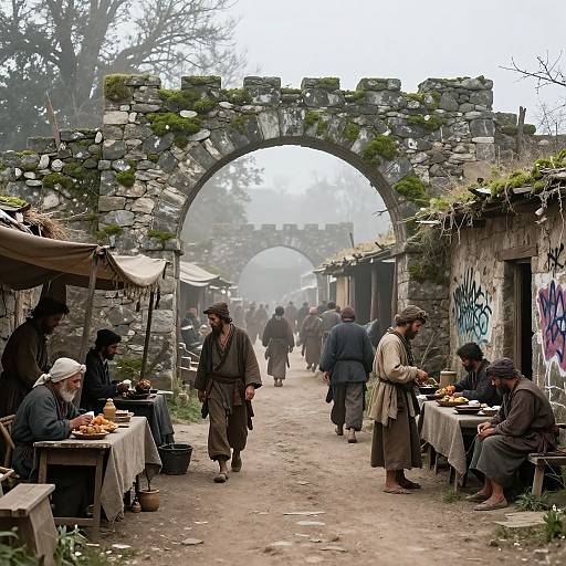 Photograph of a rustic, foggy marketplace under a stone archway, with vendors and customers in traditional, earth-toned clothing, selling food and