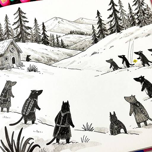 Black-and-white digital drawing of six anthropomorphic rats in winter forest, one glowing, standing near a small cabin. Snowy hills with pine trees in
