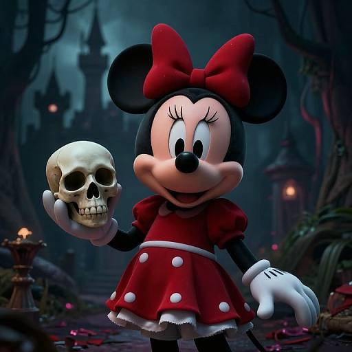 Digital CGI of Mickey Mouse in a red dress with a large bow, holding a skull in a dark, eerie forest.