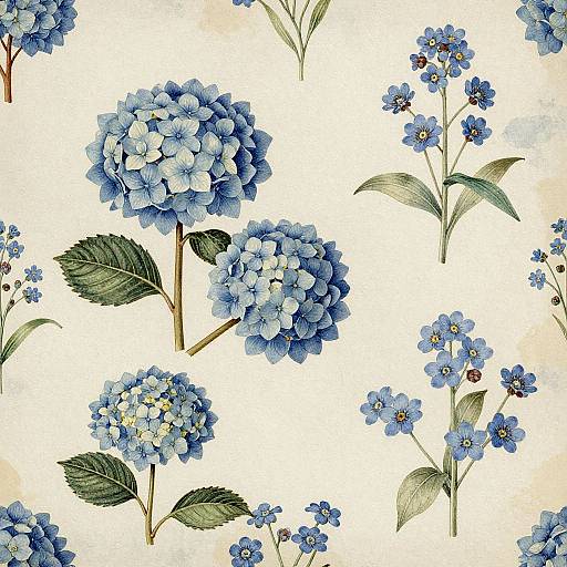 Digital floral pattern featuring detailed, blue hydrangea clusters and small blue flowers with green leaves on a white background.