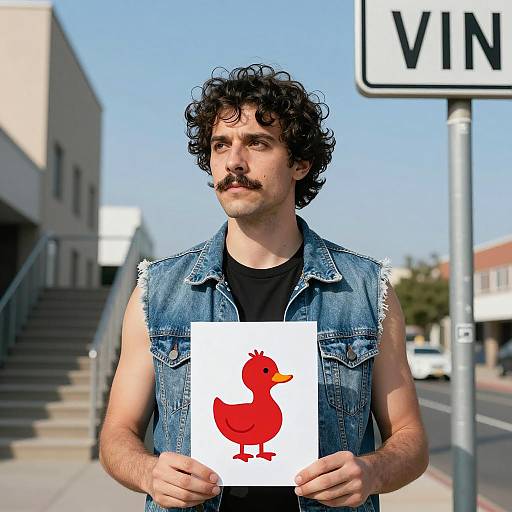 Man Holding Cartoon Red Duck Illustration