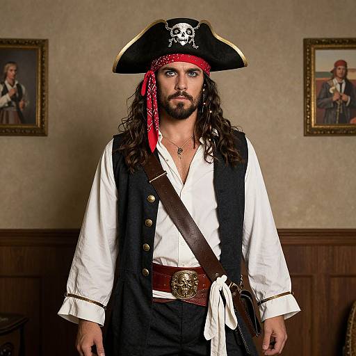 Photograph of a bearded man with long brown hair, wearing a pirate costume with a black tricorn hat, red bandana, white shirt,