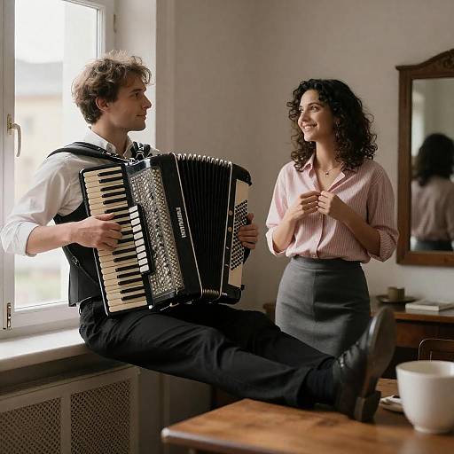 Man Playing Accordion to Smiling Woman Indoors