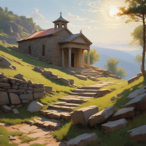 Stone Chapel on a Hillside at Sunset