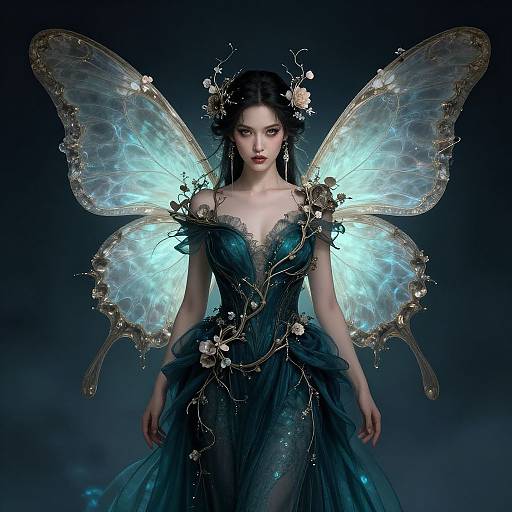 Digital fantasy artwork of a fair-skinned woman with ethereal blue glowing butterfly wings, wearing a dark teal, floral-adorned gown, against a