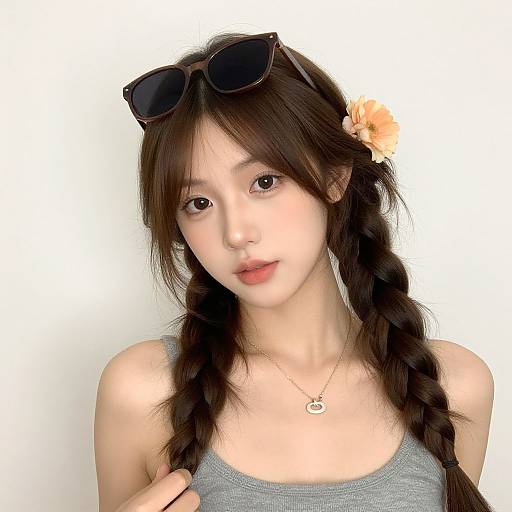 Photograph of an Asian woman with long, braided brown hair, wearing sunglasses on her head, a gray tank top, and a floral hair accessory