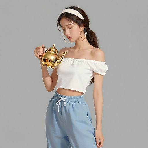Stylish Woman with Golden Teapot