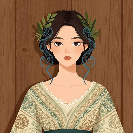 Digital illustration of an Asian woman with dark hair, blue-tinted curls, green leaf crown, wearing a detailed, patterned, cream and green