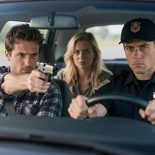 Intense Scene with Police Officer and Armed Man in Car