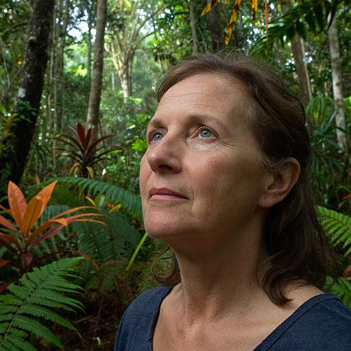 Photograph of a middle-aged woman with brown hair and blue eyes, gazing upwards in a lush, green forest with ferns and orange leaves.