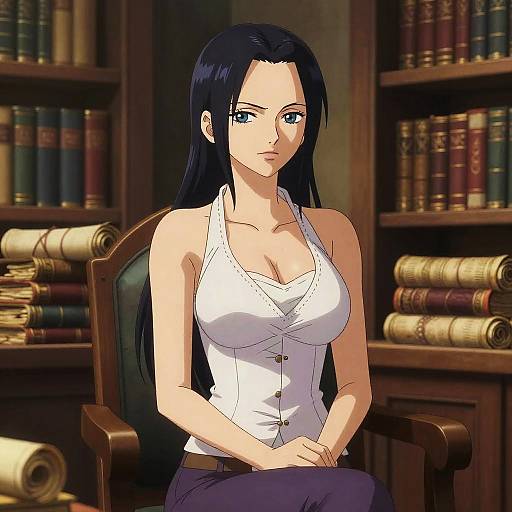 Anime-style drawing of a serious, blue-eyed woman with long black hair, wearing a white, buttoned, sleeveless top, seated in a wooden