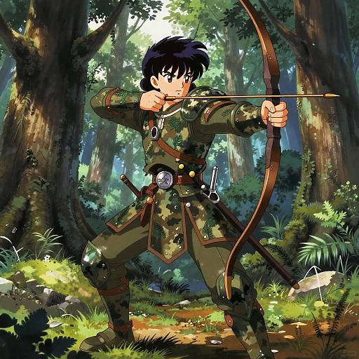 Anime-style drawing of a young archer in camouflage, forest setting, drawing a bowstring, with sword and quiver, sunlight filtering through trees.