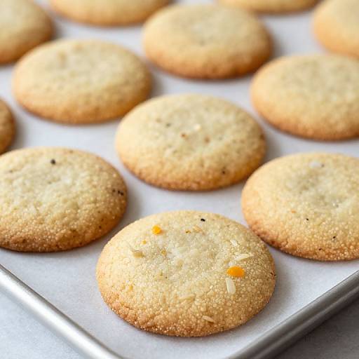 Photograph of twelve evenly spaced, round, golden-brown sugar cookies with small orange and black specks, on a white parchment-lined baking tray.