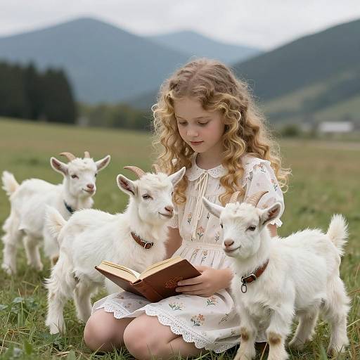 Girl Reading with Baby Goats in Field