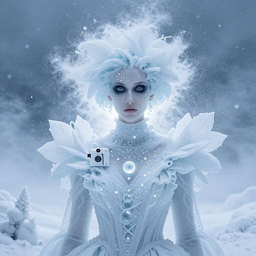 Photograph of a pale-skinned, blue-eyed woman in a glowing, white, ice-themed costume, with fluffy headdress, snow-like background,