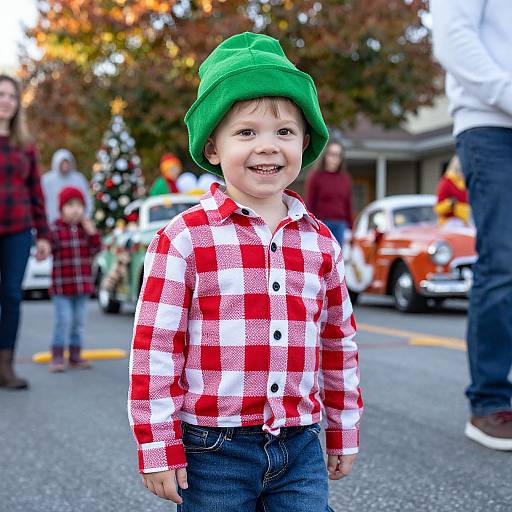 Photograph of smiling young boy in green hat, red and white plaid shirt, and blue jeans, standing outdoors at a festive parade.