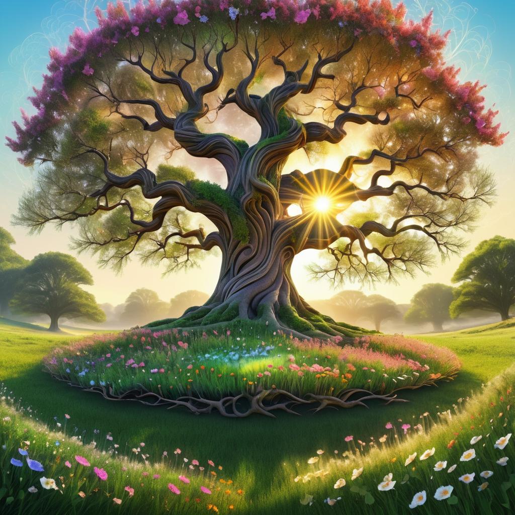 Serene Ancient Tree in Vibrant Meadow