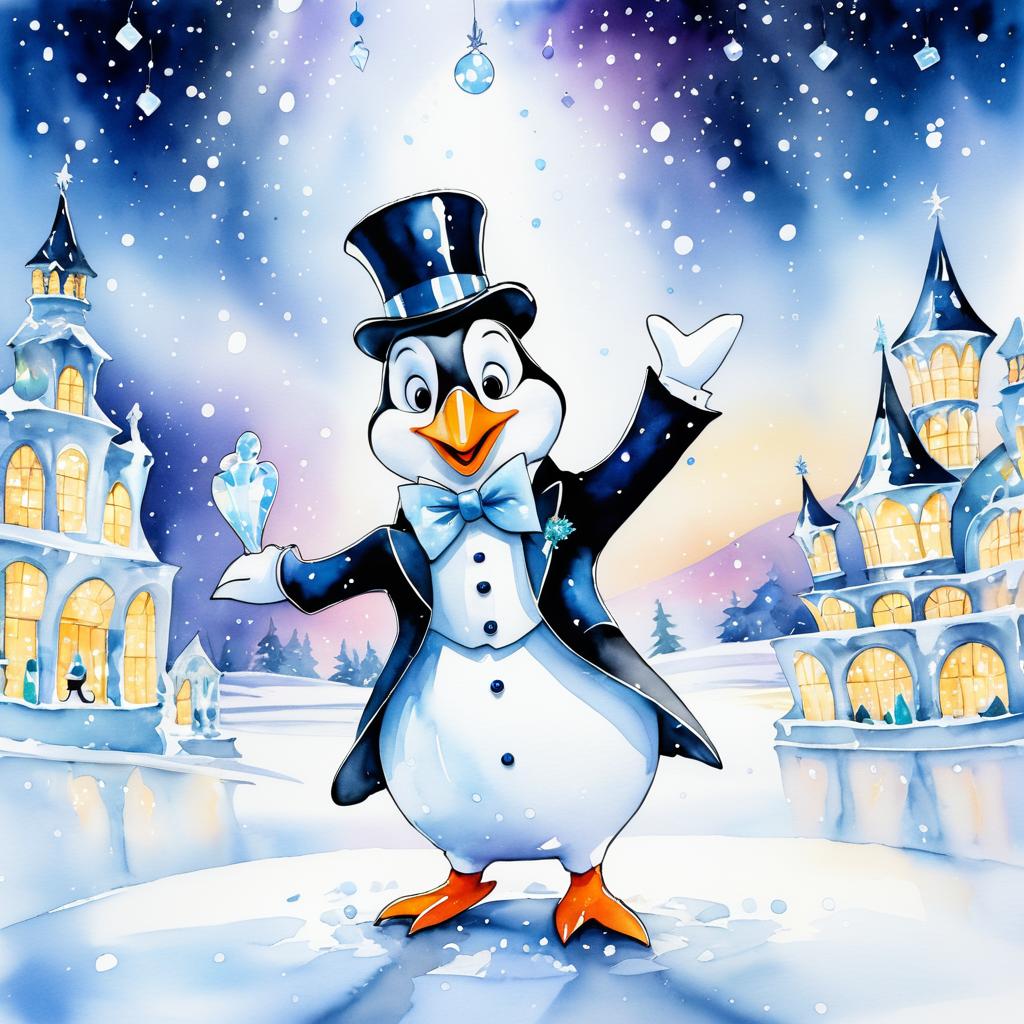 Dapper Dancing Penguin in Snowy Wonderland